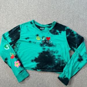 A.LAB Visualize Peace Long Sleeve Tie-Dye Crop T-Shirt Womens Medium Heart Earth